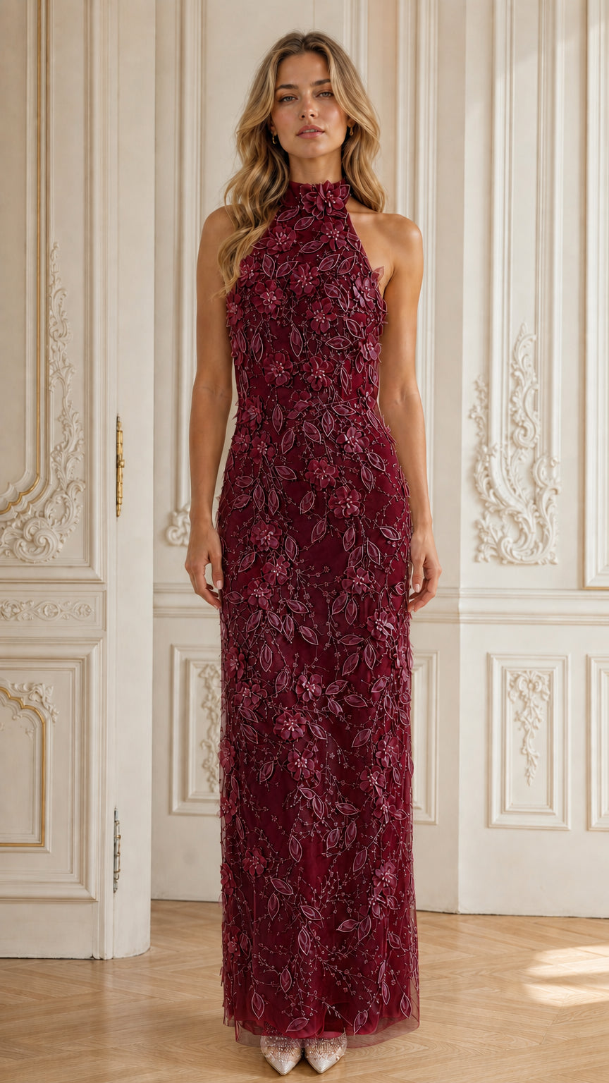Burgundy wine red halter neck 3D floral applique maxi gown