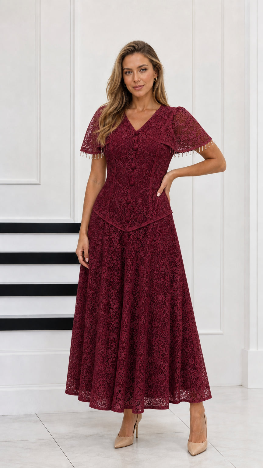 Full-length view of burgundy red floral lace maxi dress for formal events