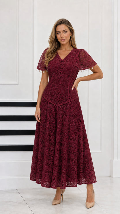 Full-length view of burgundy red floral lace maxi dress for formal events