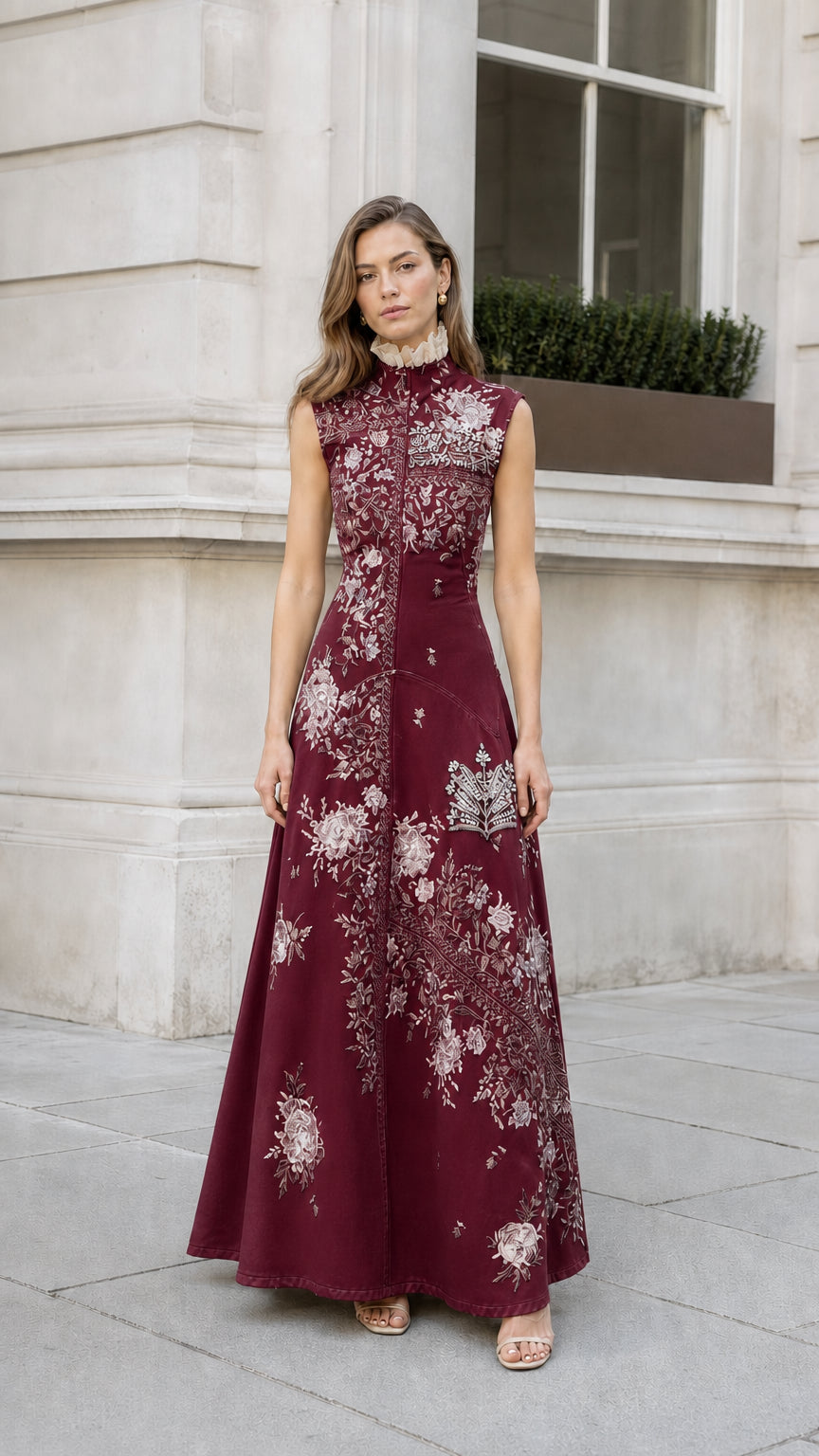 Front view of burgundy embroidered maxi dress