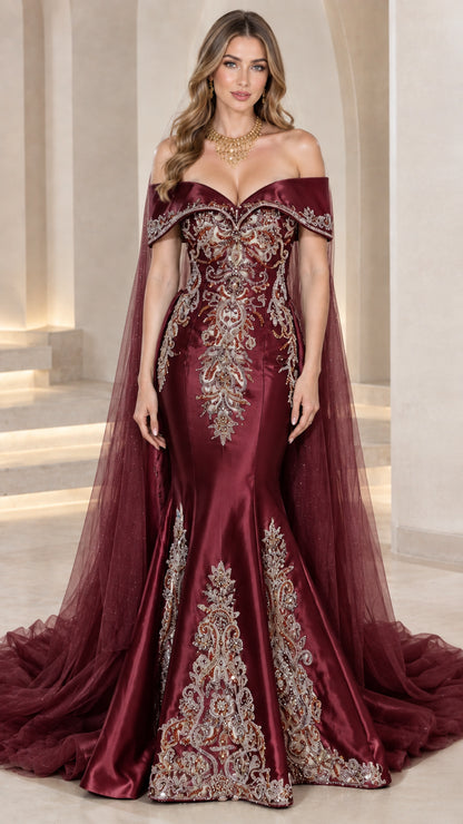 Burgundy wine off-the-shoulder mermaid gown with intricate embroidery