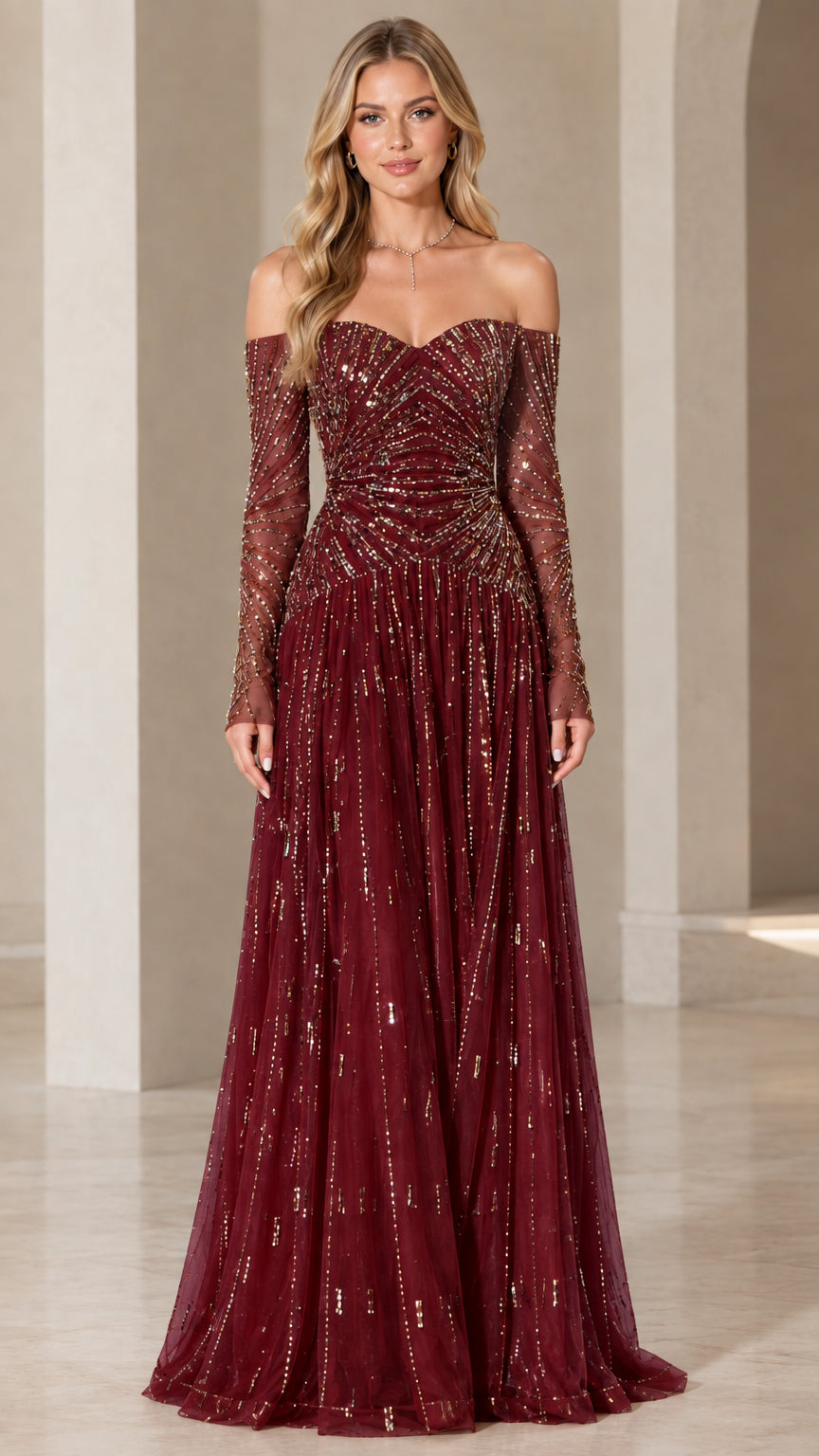 Front view of burgundy wine red off-the-shoulder sequin maxi dress
