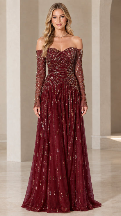 Front view of burgundy wine red off-the-shoulder sequin maxi dress