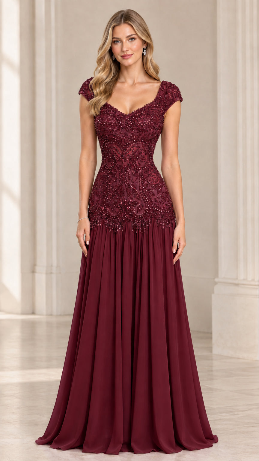 Front view of burgundy beaded lace and chiffon formal maxi gown