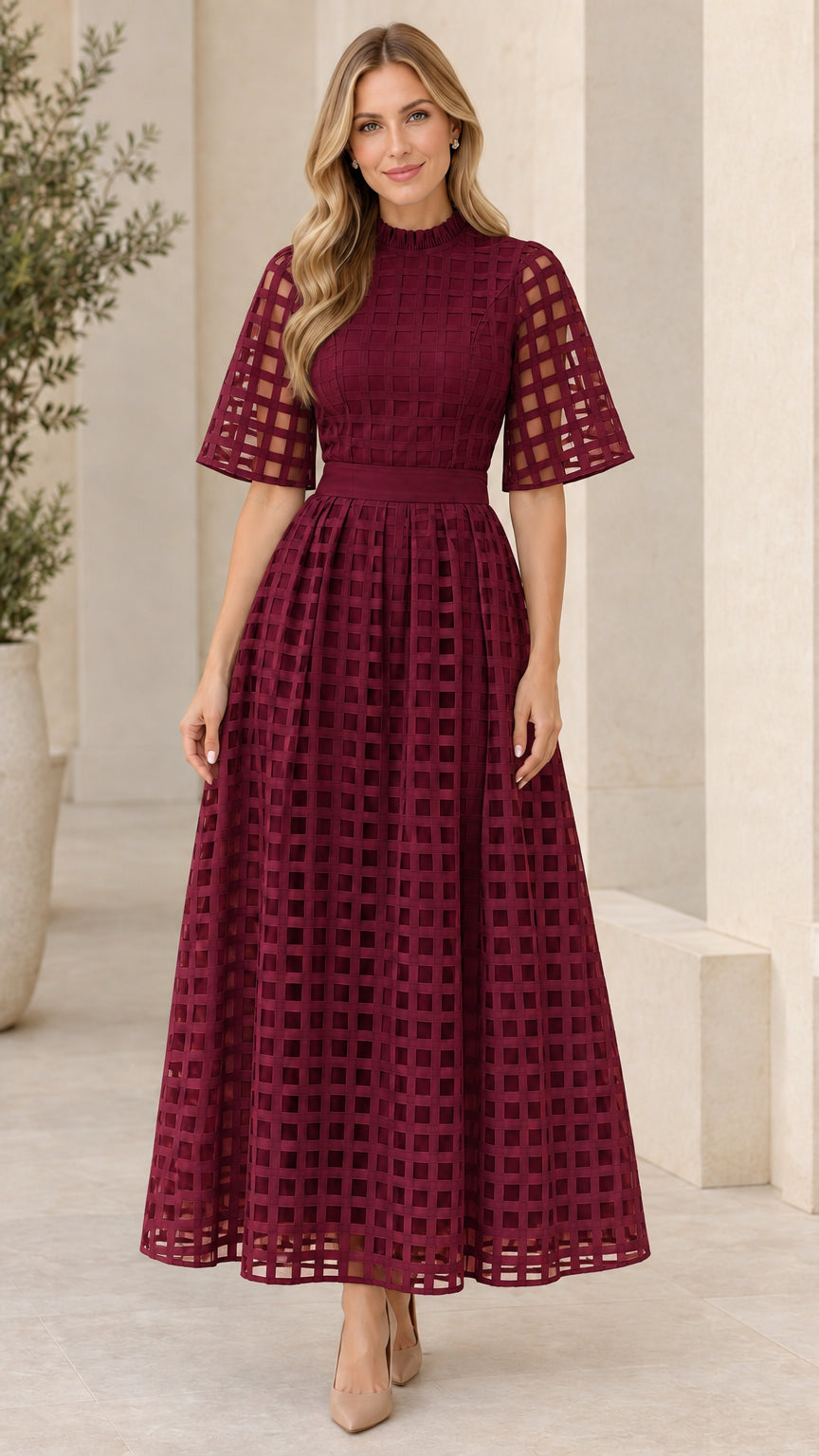 Front view of burgundy wine red mock neck sheer grid overlay maxi dress