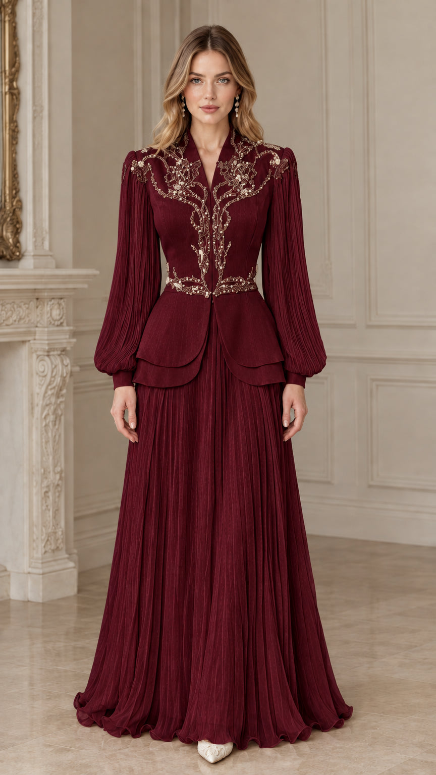 Front view of burgundy wine red embellished peplum pleated formal gown set