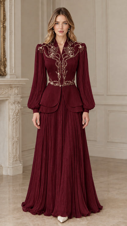 Front view of burgundy wine red embellished peplum pleated formal gown set