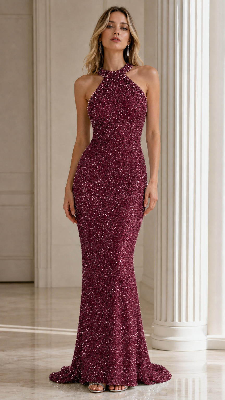 Model wearing burgundy wine sequin halter mermaid evening gown