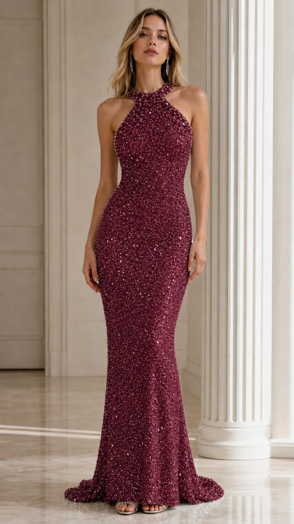 Model wearing burgundy wine sequin halter mermaid evening gown