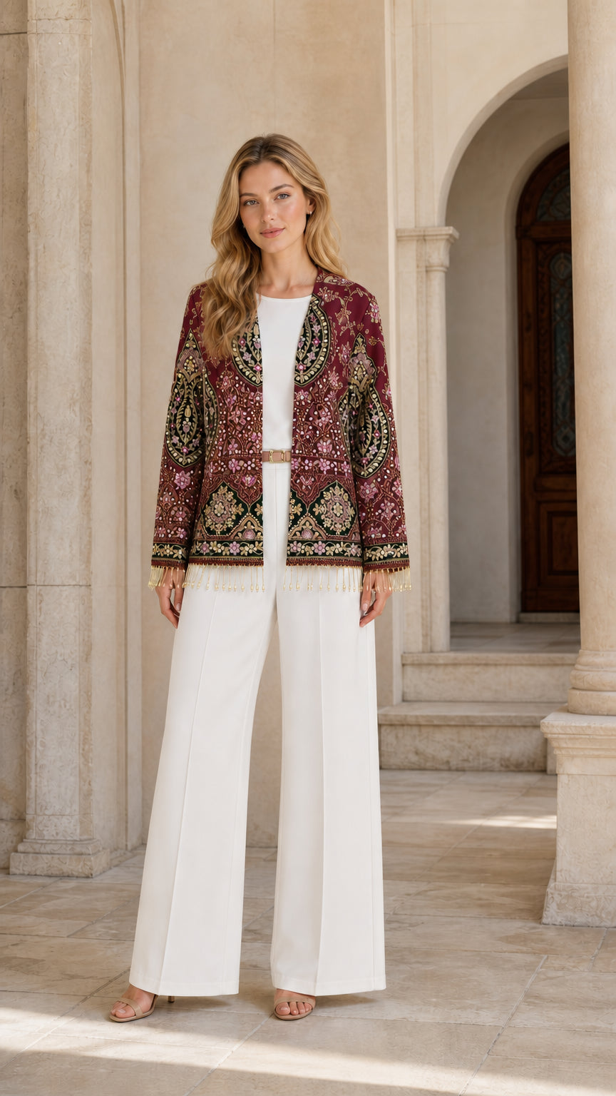Front full view of Burgundy wine embroidered open-front evening blazer