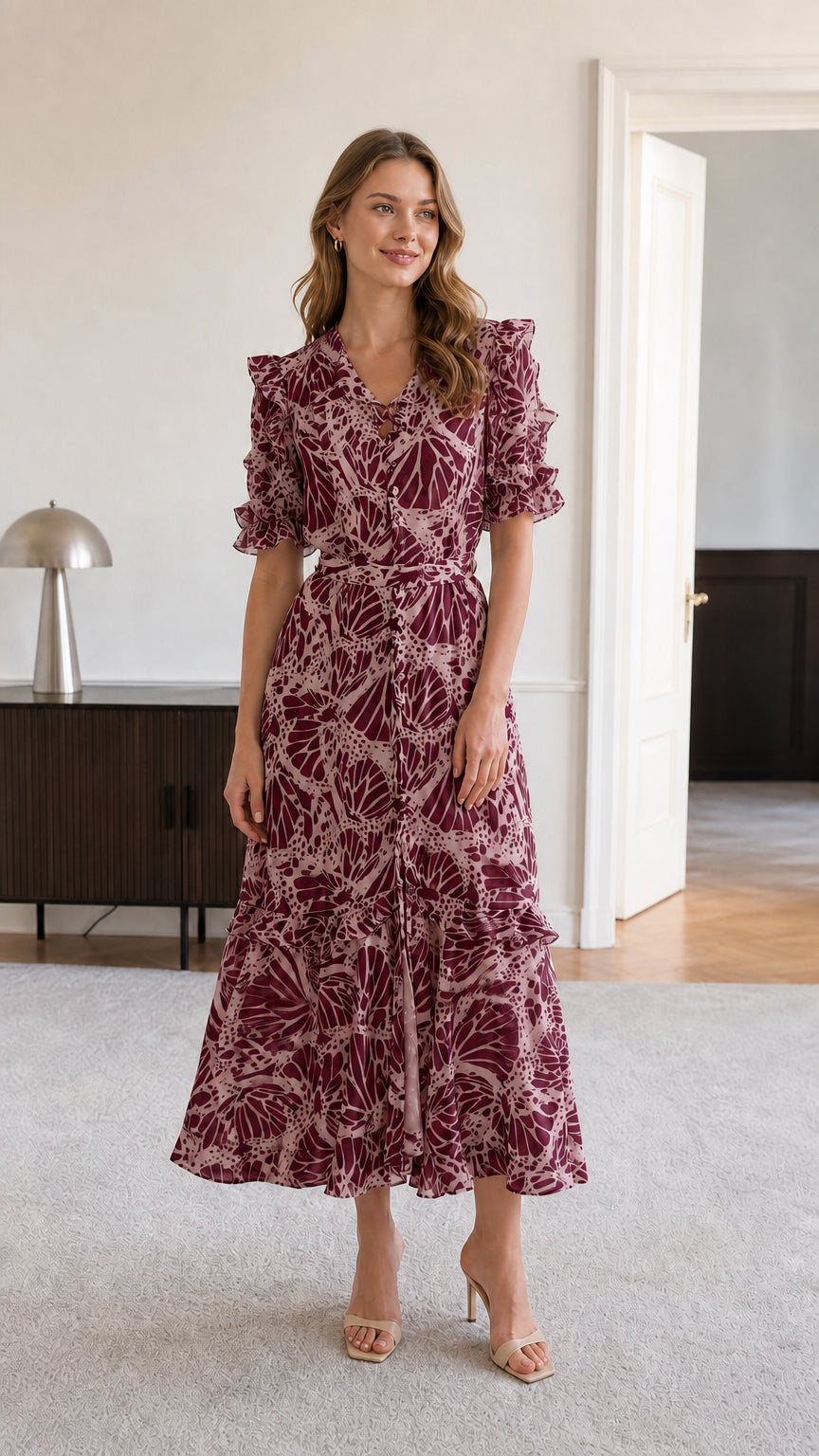Model wearing burgundy floral print ruffle v-neck midi dress