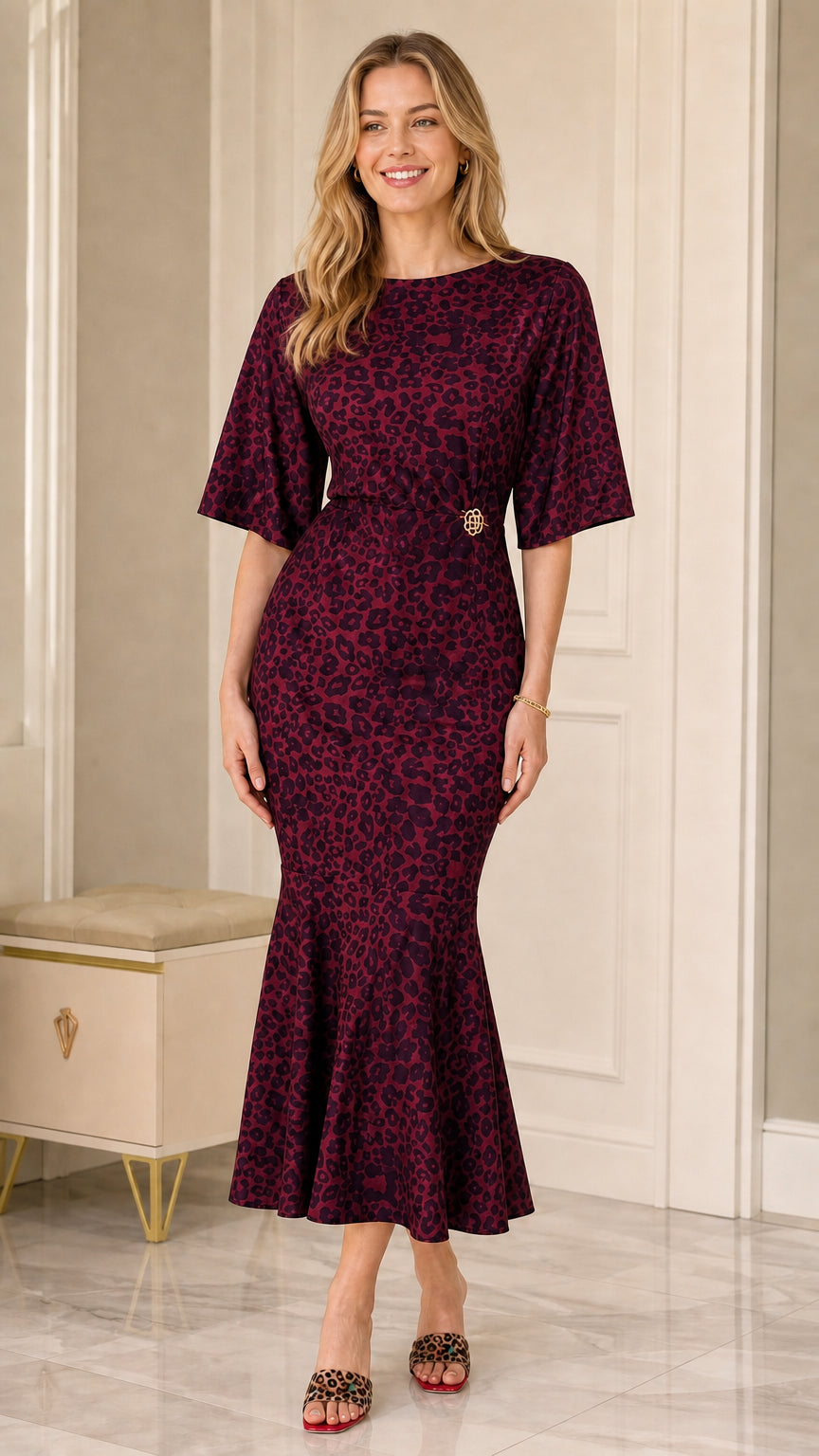 Model wearing Burgundy wine leopard print mermaid midi dress