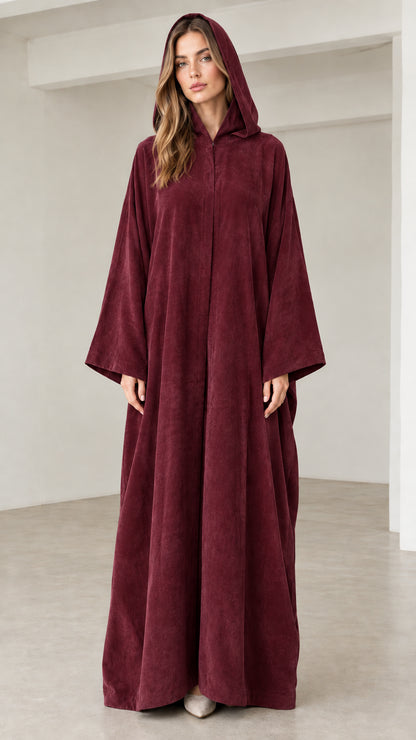 Burgundy wine red hooded maxi kaftan abaya dress