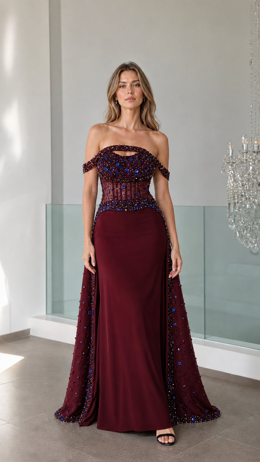 Burgundy off-the-shoulder formal gown variant