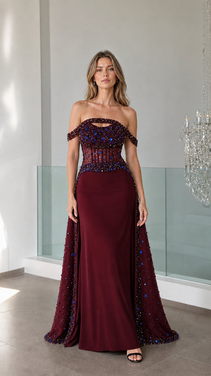 Burgundy off-the-shoulder formal gown variant