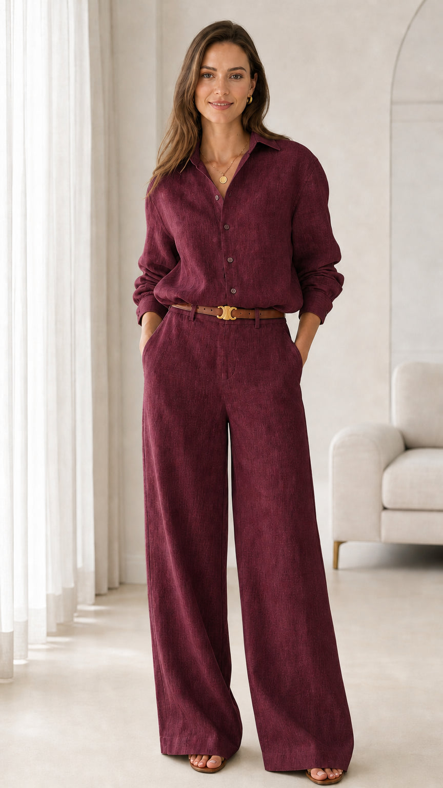 Women's burgundy wine button-down shirt and wide-leg trousers set