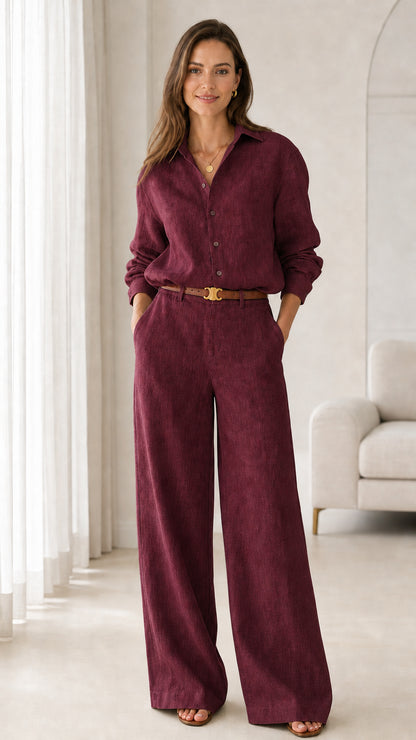 Women's burgundy wine button-down shirt and wide-leg trousers set