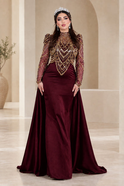 Front view of burgundy wine formal evening gown with gold beaded bodice