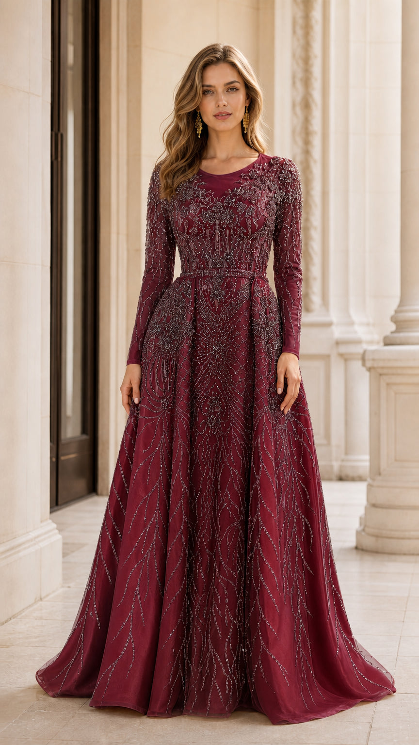 Full-length front view of burgundy wine red embellished long sleeve formal gown