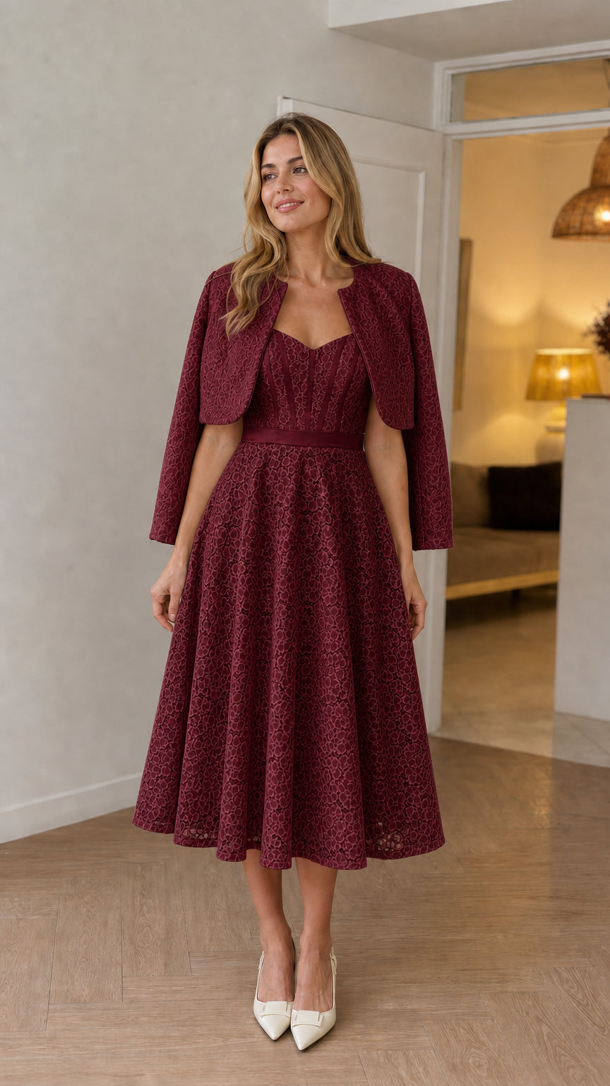 Burgundy lace sweetheart midi dress and bolero jacket set