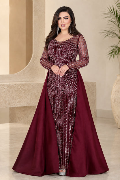 Burgundy wine sequined formal dress with fitted column skirt and overskirt