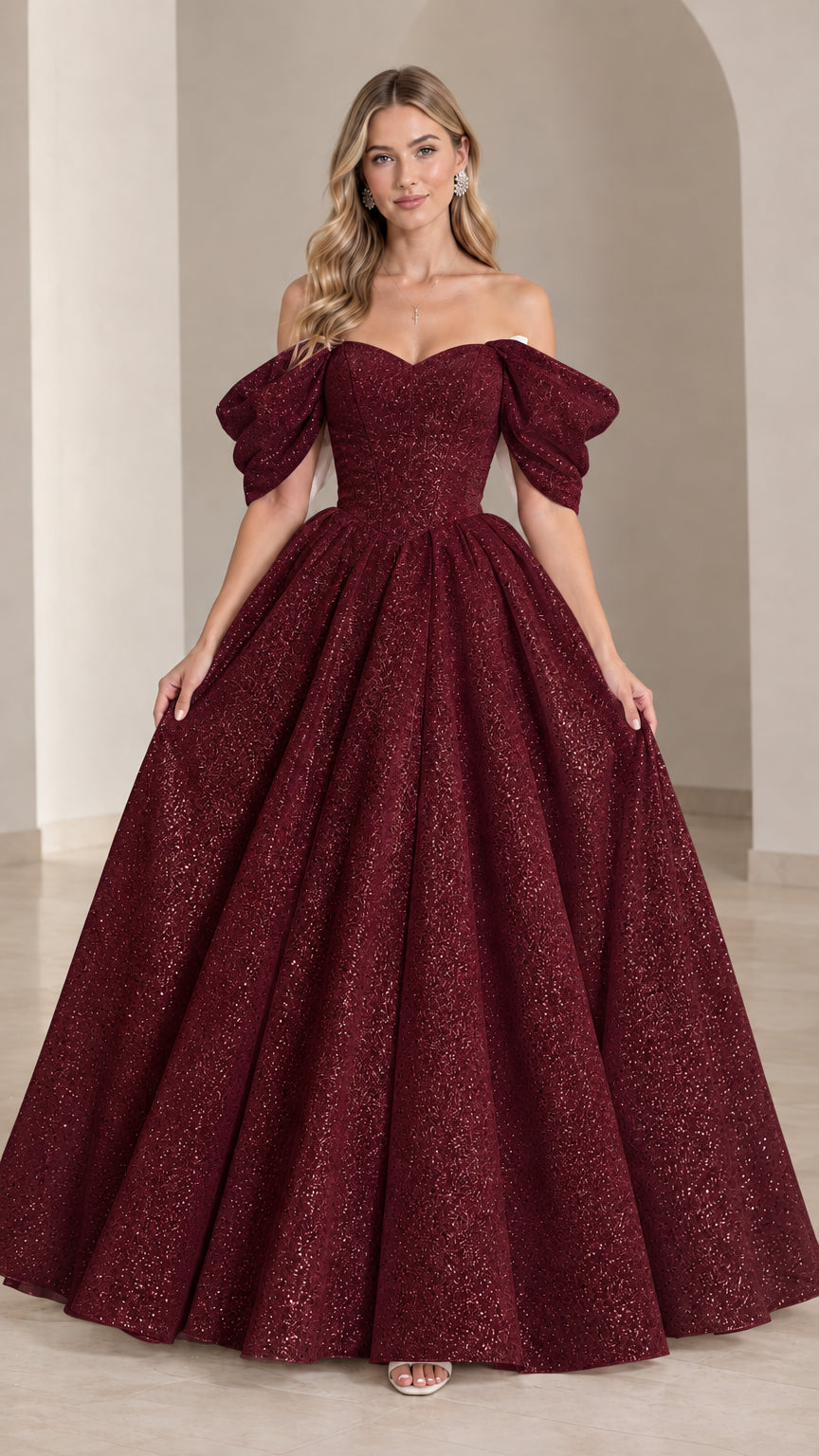 Burgundy wine red off-the-shoulder glitter ball gown