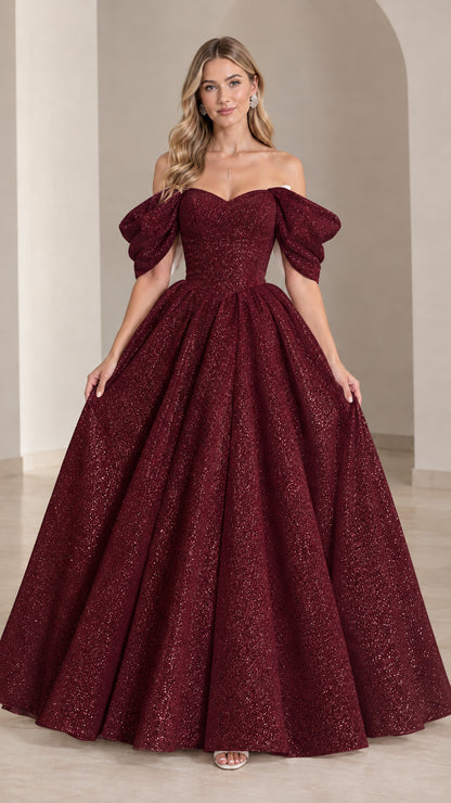 Burgundy wine red off-the-shoulder glitter ball gown