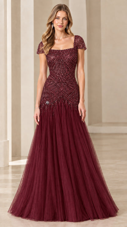 Burgundy wine beaded bodice square neck formal evening gown