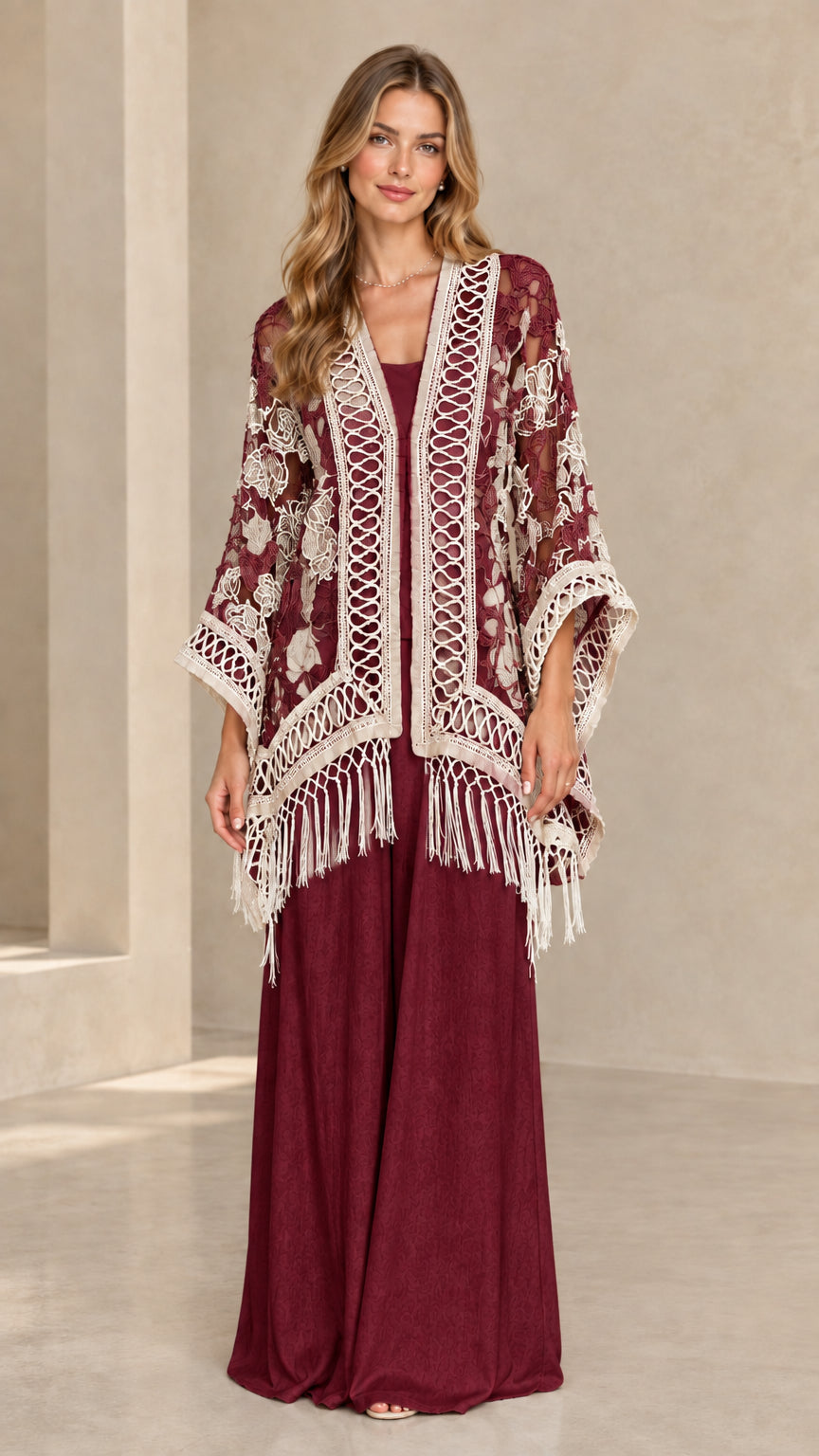 Woman wearing burgundy wine red floral lace fringe kimono cardigan