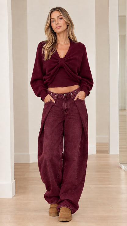Model wearing Burgundy red twist-front cropped sweater with matching pants