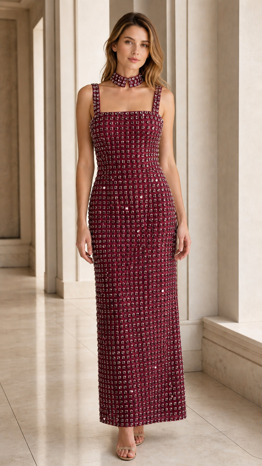 Burgundy wine red crystal embellished column maxi evening gown