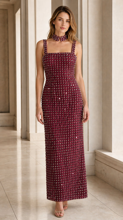 Burgundy wine red crystal embellished column maxi evening gown