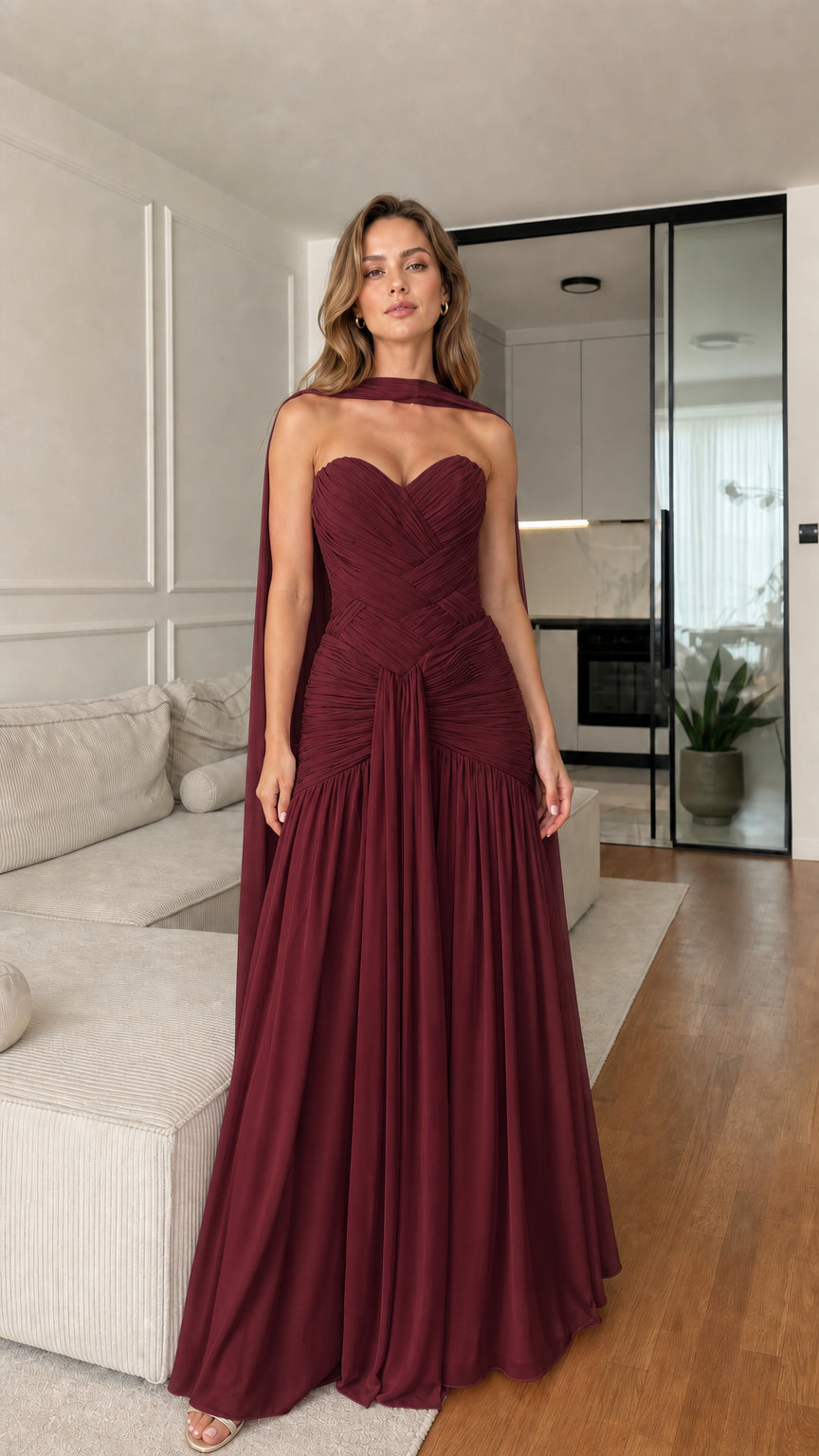 Burgundy Wine Strapless Sweetheart Ruched Chiffon Maxi Evening Gown with Cape