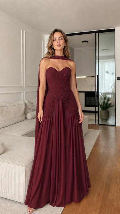 Burgundy Wine Strapless Sweetheart Ruched Chiffon Maxi Evening Gown with Cape