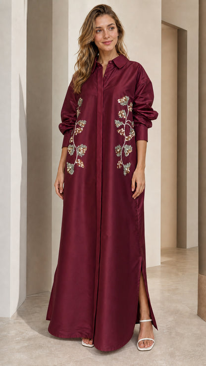 Front full view of burgundy wine floral sequin embroidered collared maxi dress