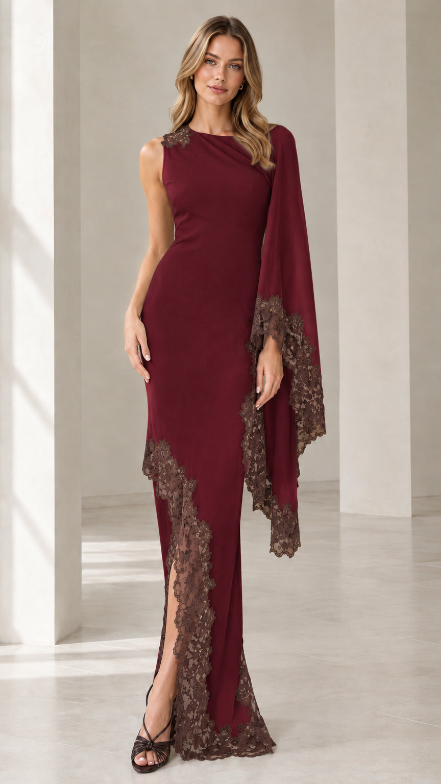 Front view of burgundy wine asymmetric cape sleeve formal dress with contrast brown lace trim