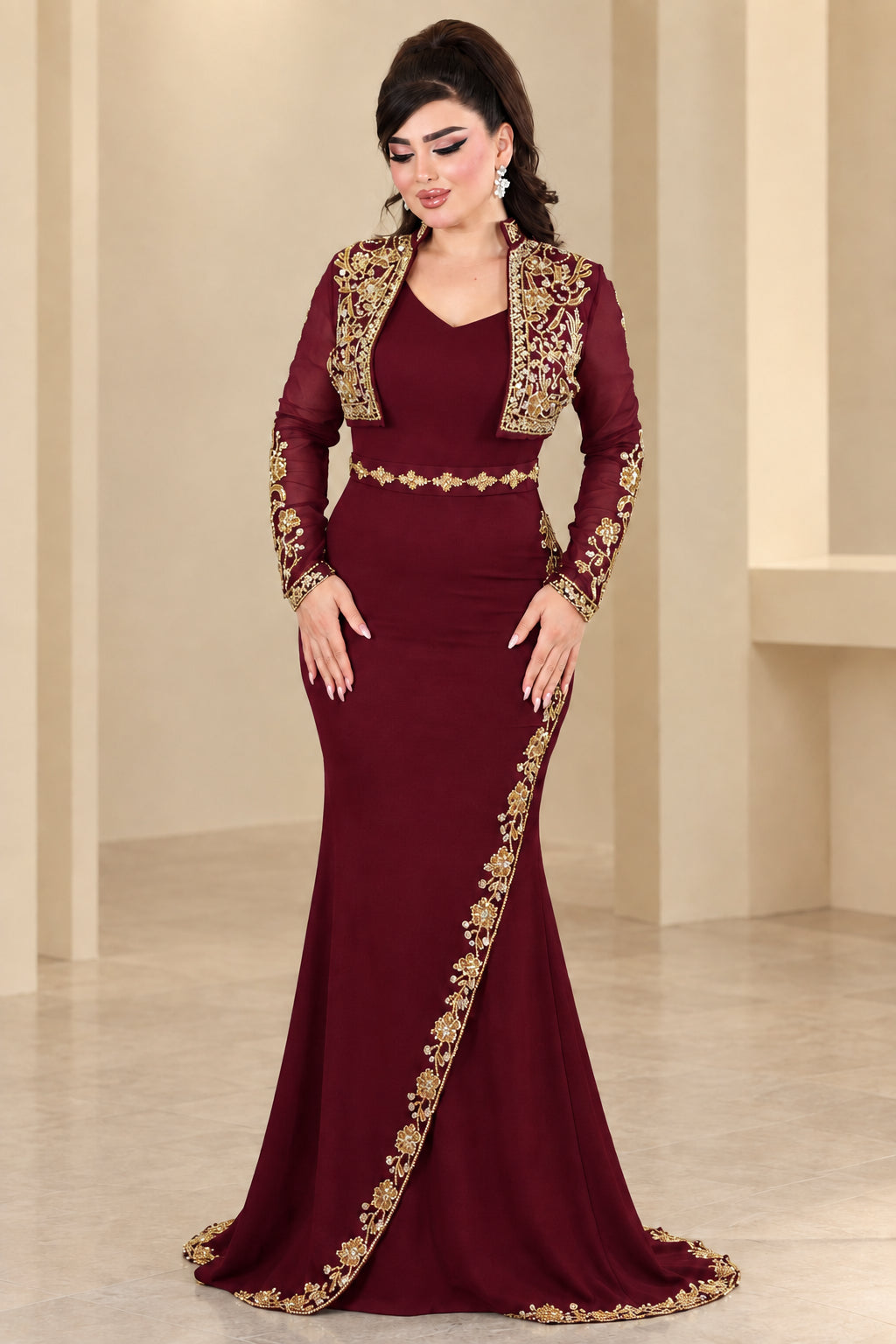 Burgundy wine red formal evening dress set with gold filigree embroidered jacket