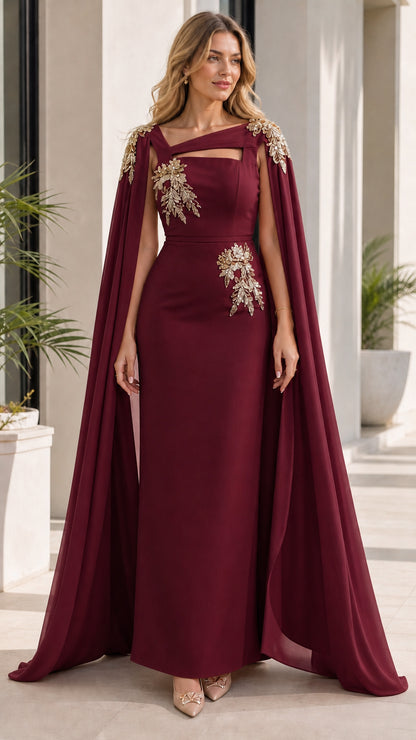 Woman wearing burgundy evening dress with attached cape