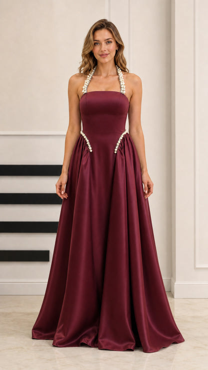 Burgundy red satin floor-length evening gown with pearl details