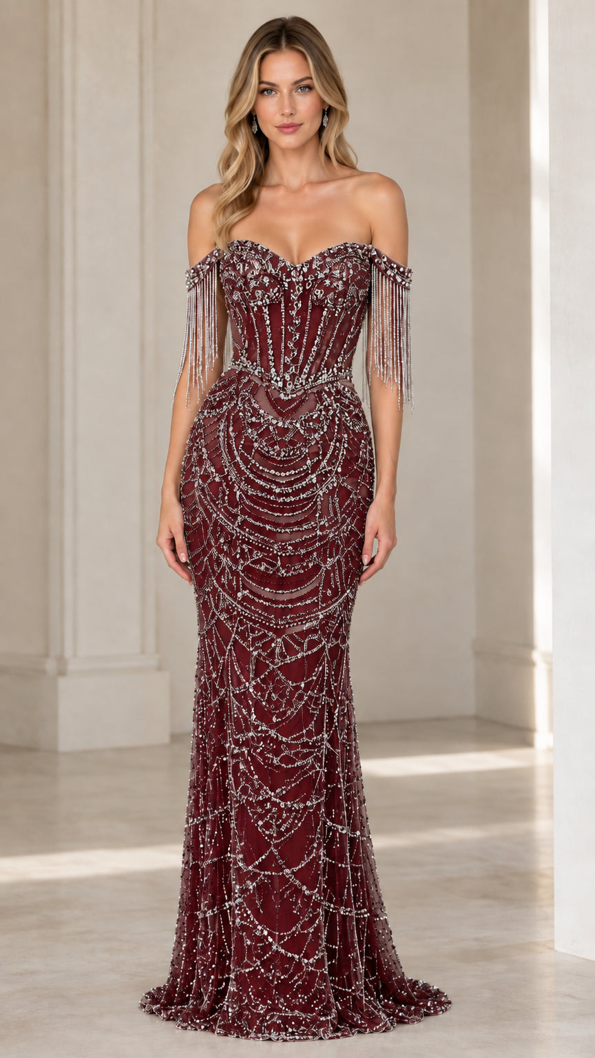 Burgundy red embellished formal gown with corset bodice and beadwork