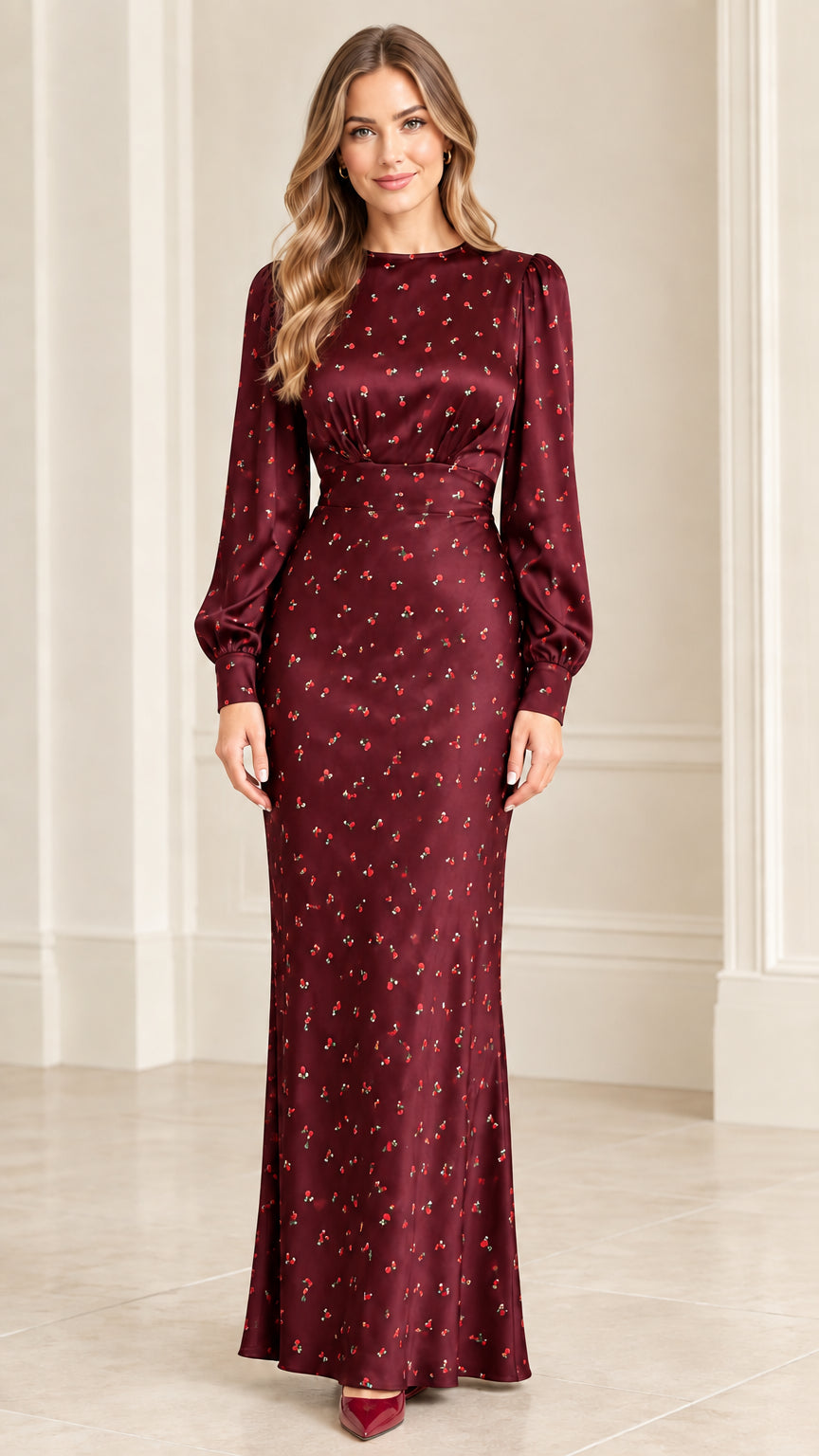 Front full-length view of burgundy satin floral maxi dress