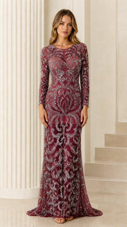 Burgundy wine long sleeve sequin illusion maxi evening dress