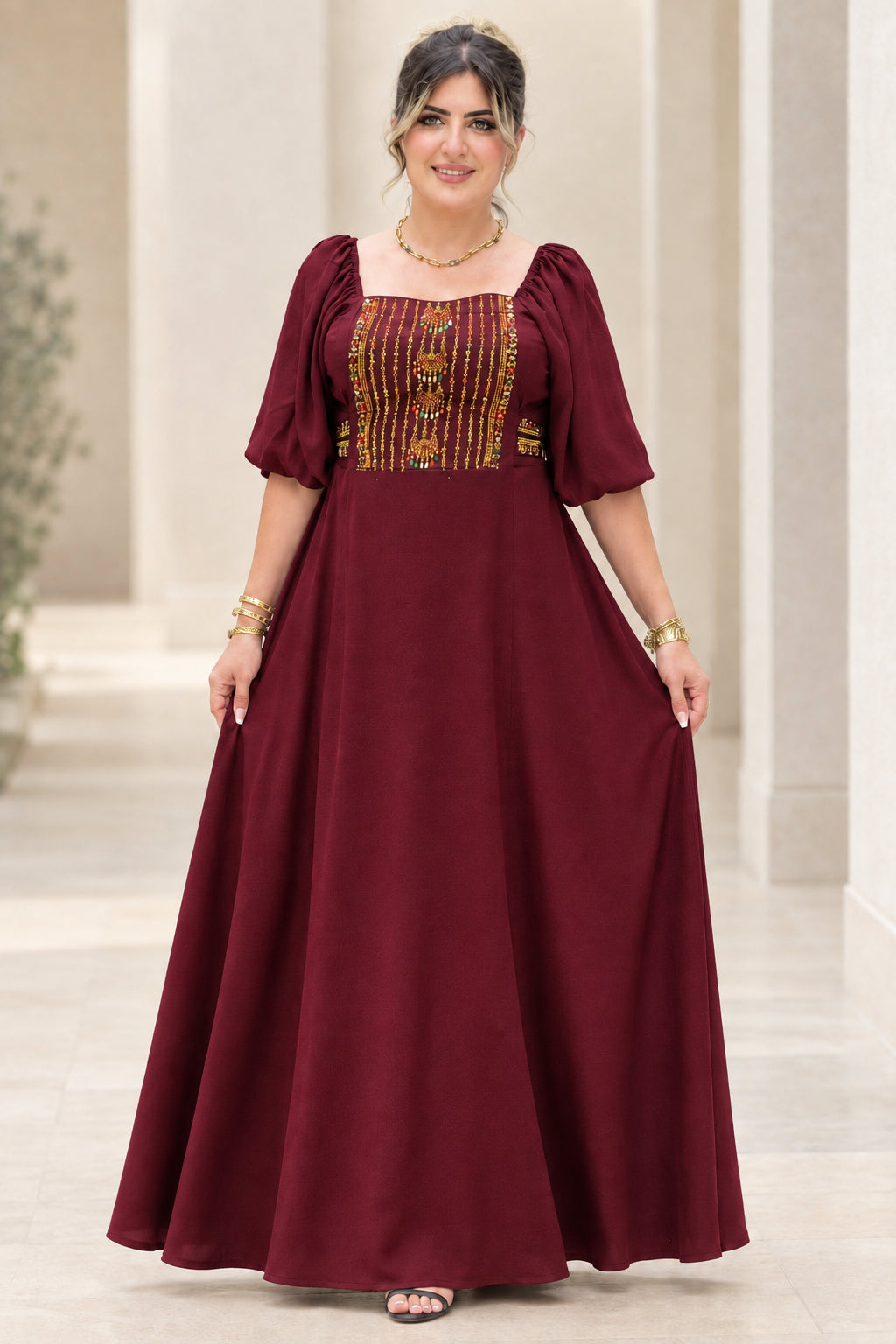 Front view of burgundy wine red embroidered square neck puff sleeve maxi dress