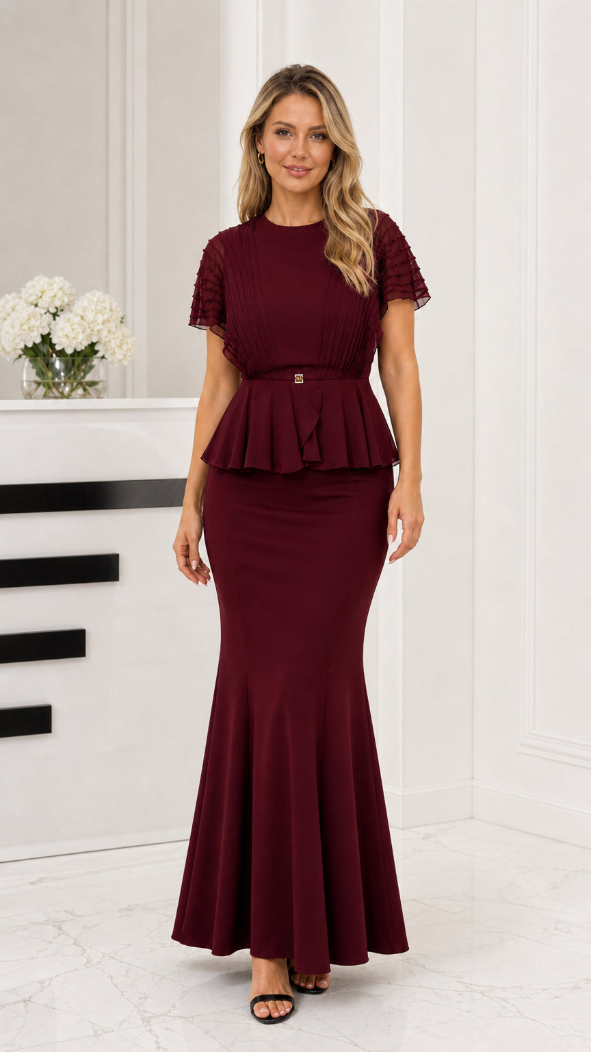 Front view of burgundy wine red peplum mermaid gown
