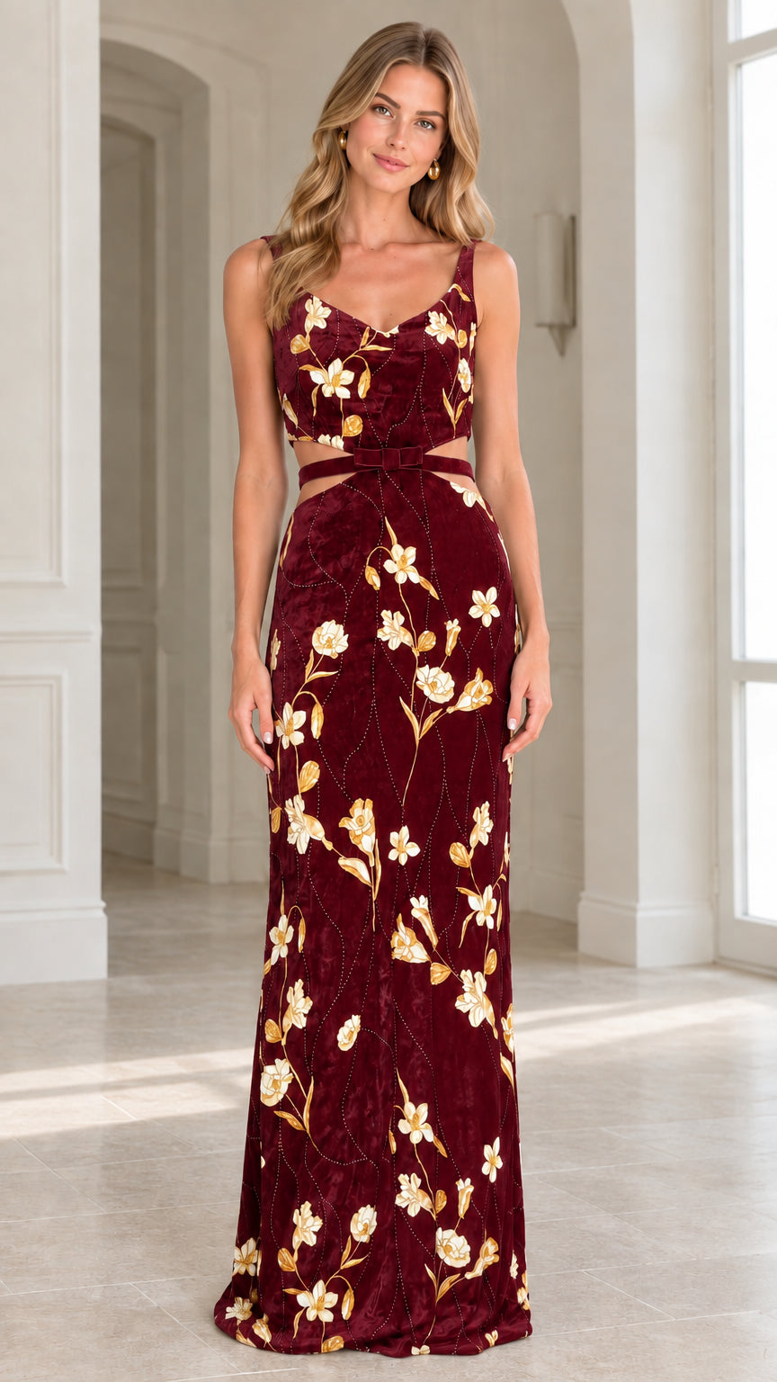Full front view of model wearing burgundy red floral velvet maxi dress