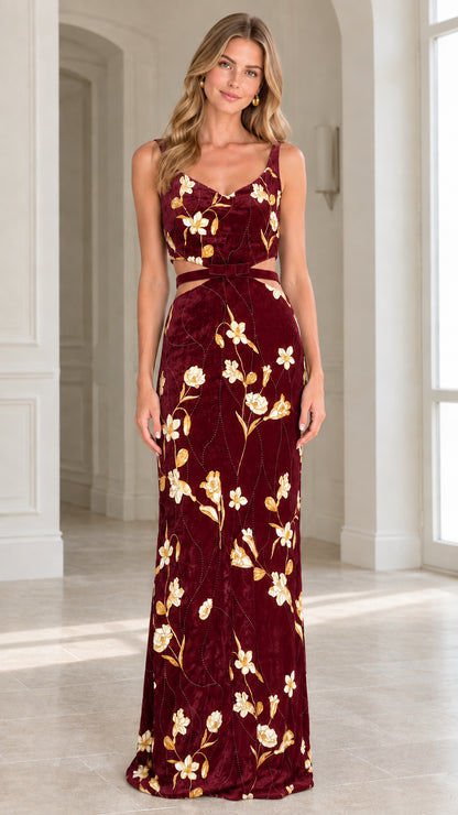 Full front view of model wearing burgundy red floral velvet maxi dress