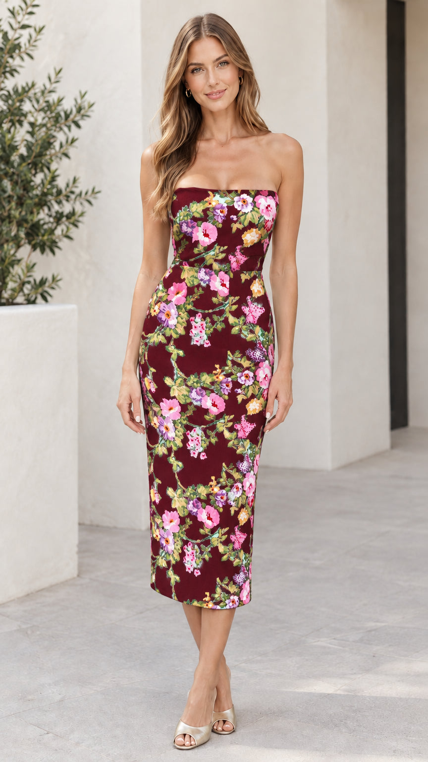 Front view of strapless floral midi bodycon dress in burgundy floral