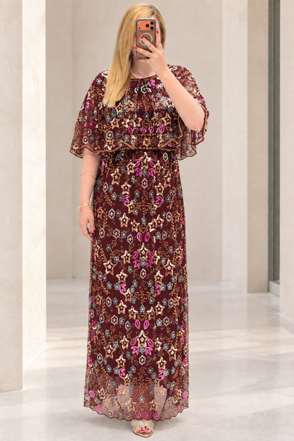 Front view of burgundy floral sequin embroidered capelet maxi dress