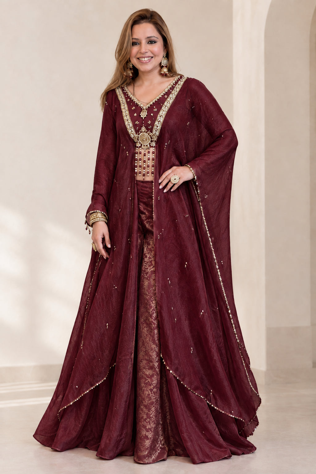 Burgundy wine 3-piece cape pant set with detailed bead accents