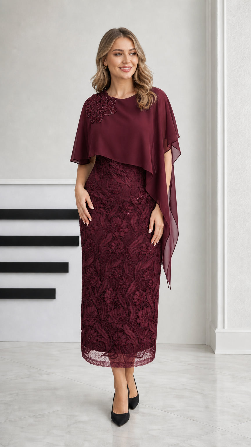 Burgundy wine formal lace midi dress with beaded capelet